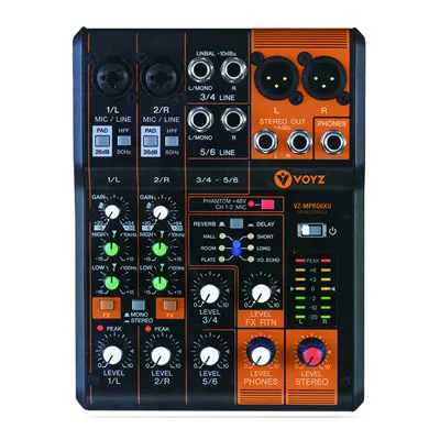 VOYZ VZ-MPRO6UX – Consola 6 canales con efectos SPX (Reverb/Delay), Phantom +48 V, salidas XLR